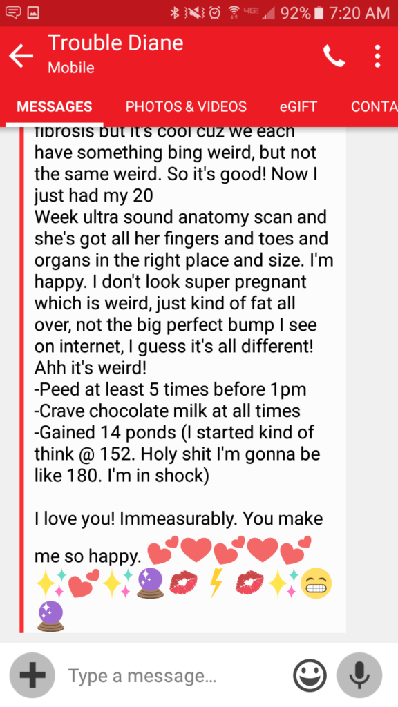 A stressed out, loving text from a pregnant friend.
